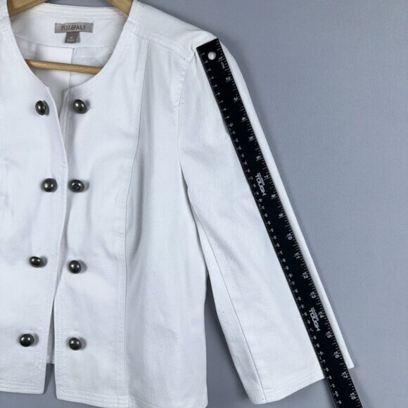 Roz & Ali Cropped Denim Suit Jacket Studded Open Front Womens M Collarless White - Picture 8 of 11